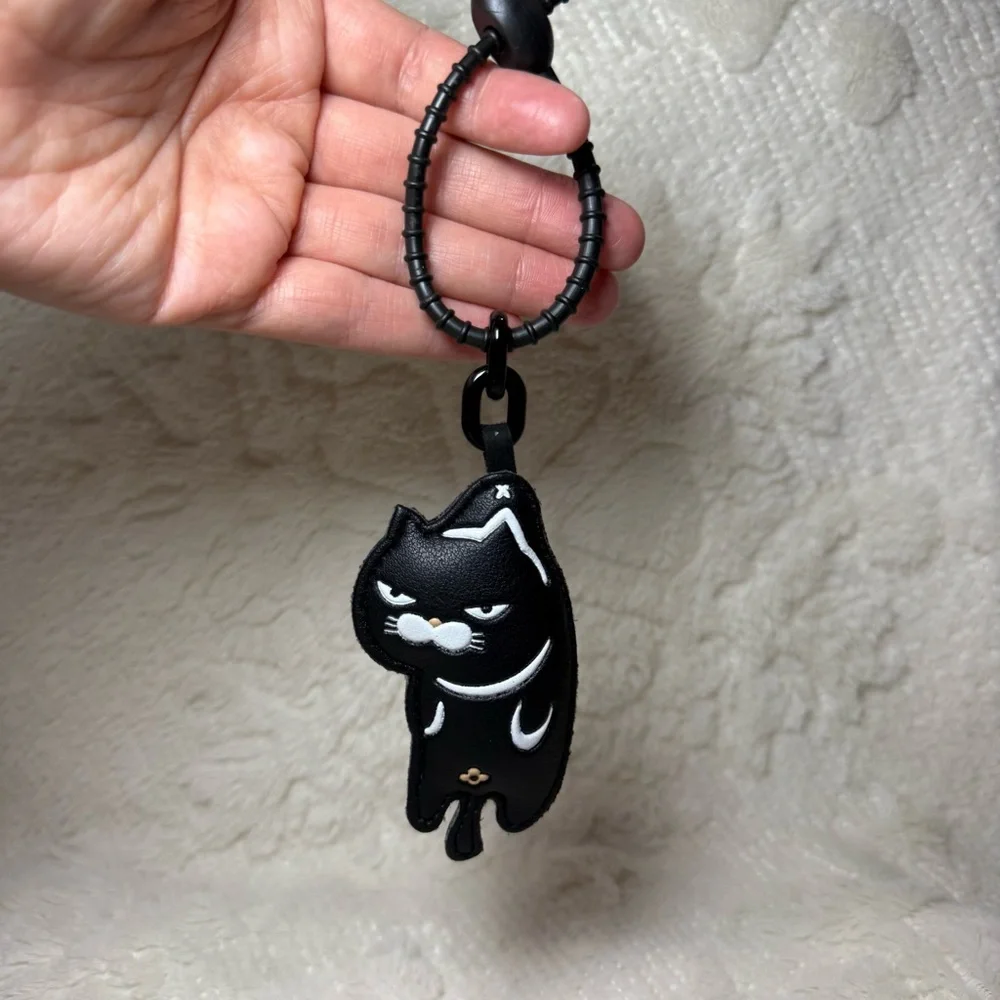 Black Grumpy Cat Faux Leather Keychain Handbag Charm with Rubber Tie, NWT